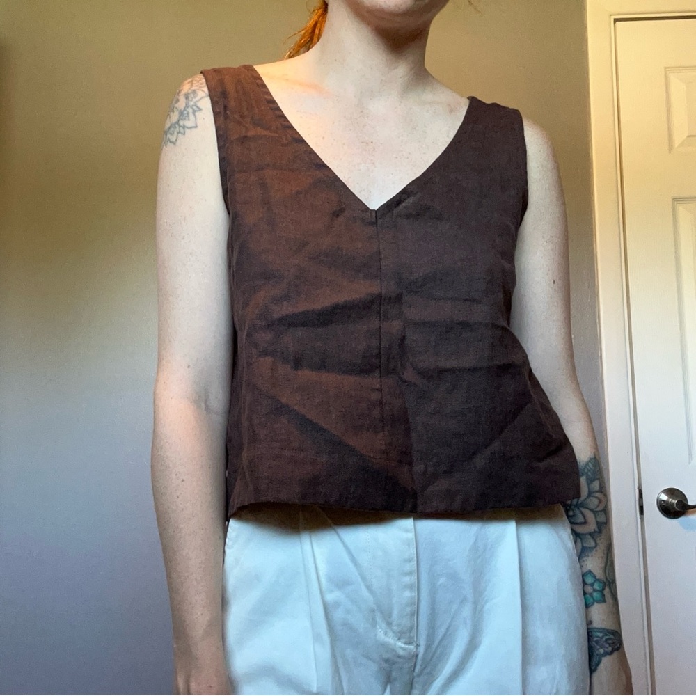Linen Brown Sleeveless V-Neck Top